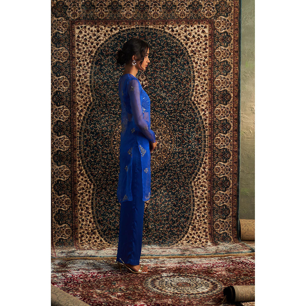 Charkhee Blue Neel Embroidered Straight Kurta with Bustier and Pant (Set of 3)