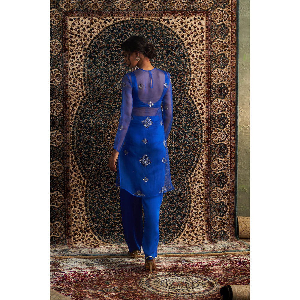 Charkhee Blue Neel Embroidered Straight Kurta with Bustier and Pant (Set of 3)