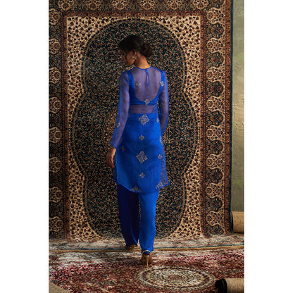 Charkhee Blue Neel Embroidered Straight Kurta with Bustier and Pant (Set of 3)