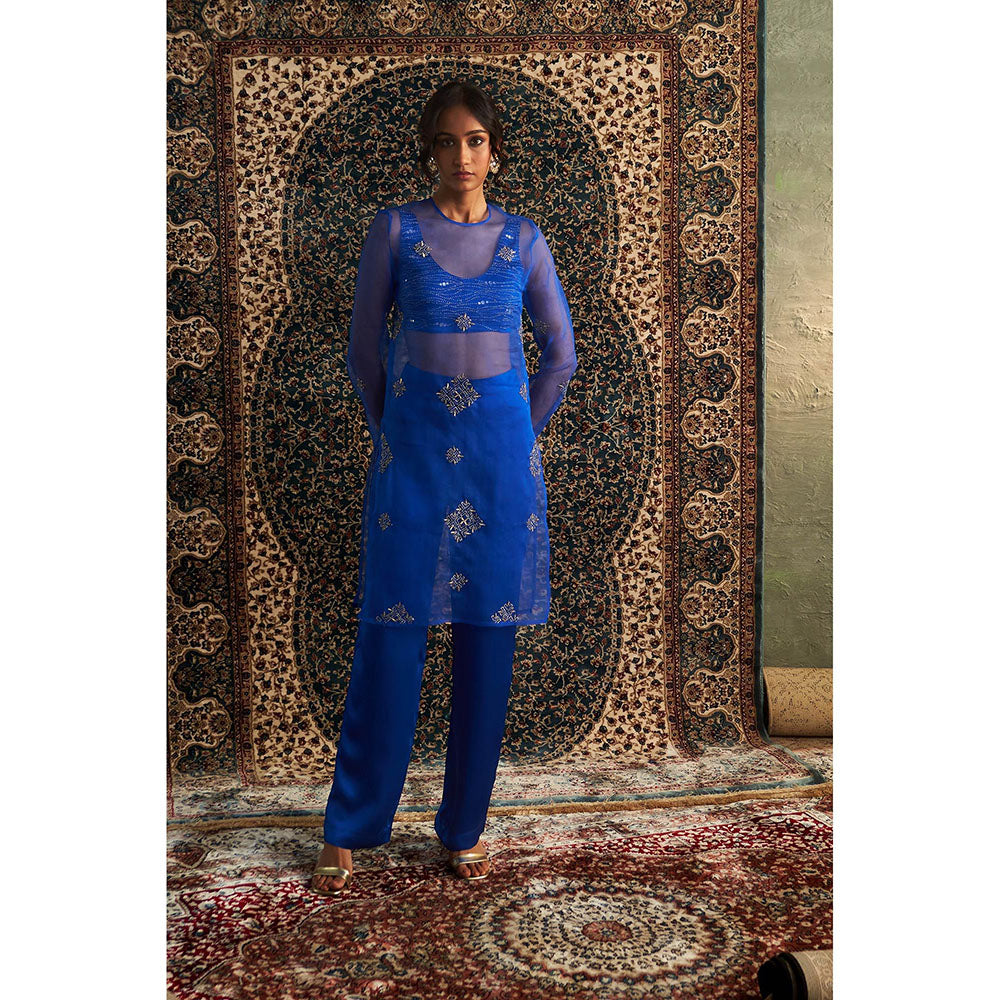 Charkhee Blue Neel Embroidered Straight Kurta with Bustier and Pant (Set of 3)