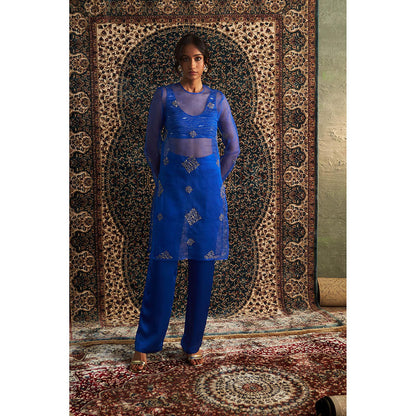 Charkhee Blue Neel Embroidered Straight Kurta with Bustier and Pant (Set of 3)