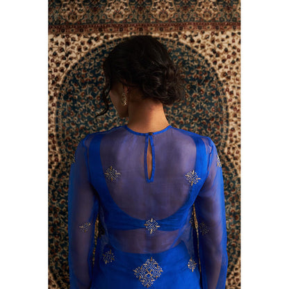 Charkhee Blue Neel Embroidered Straight Kurta with Bustier and Pant (Set of 3)