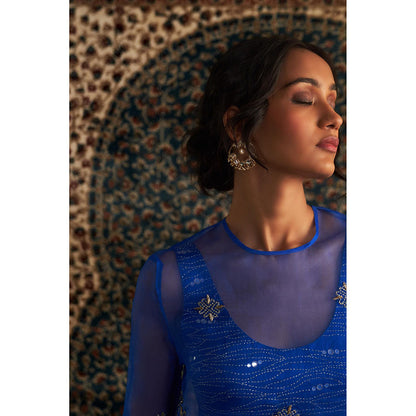 Charkhee Blue Neel Embroidered Straight Kurta with Bustier and Pant (Set of 3)