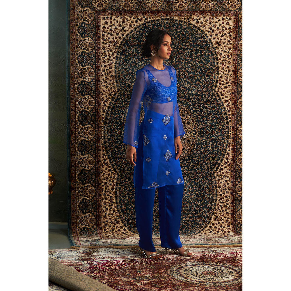 Charkhee Blue Neel Embroidered Straight Kurta with Bustier and Pant (Set of 3)