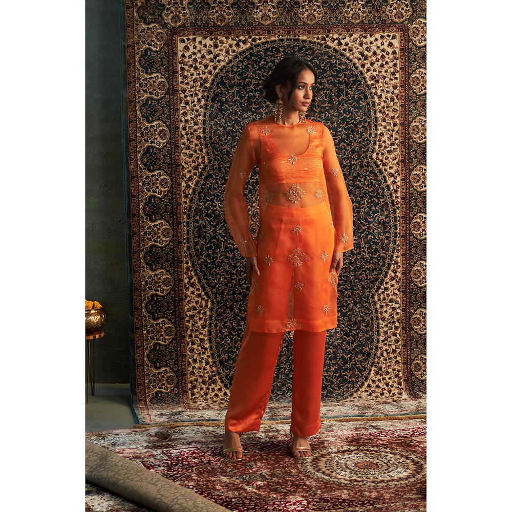 Charkhee Orange Saffron Straight Kurta with Bustier and Pant (Set of 3)