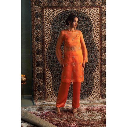 Charkhee Orange Saffron Straight Kurta with Bustier and Pant (Set of 3)