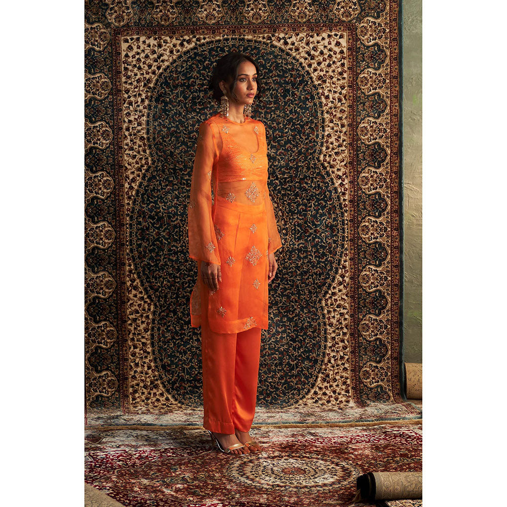 Charkhee Orange Saffron Straight Kurta with Bustier and Pant (Set of 3)