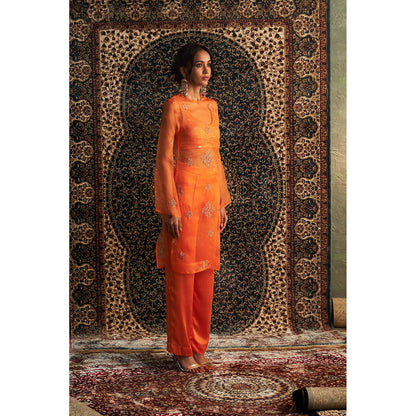 Charkhee Orange Saffron Straight Kurta with Bustier and Pant (Set of 3)