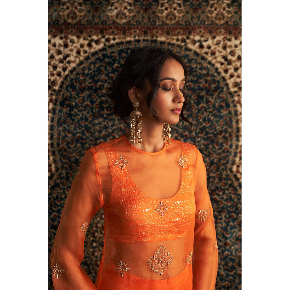 Charkhee Orange Saffron Straight Kurta with Bustier and Pant (Set of 3)