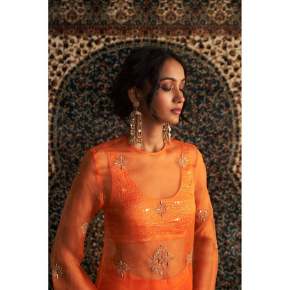 Charkhee Orange Saffron Straight Kurta with Bustier and Pant (Set of 3)