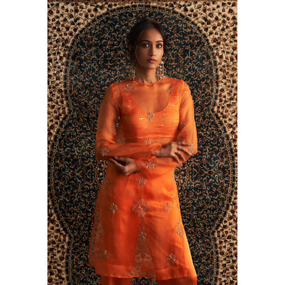 Charkhee Orange Saffron Straight Kurta with Bustier and Pant (Set of 3)