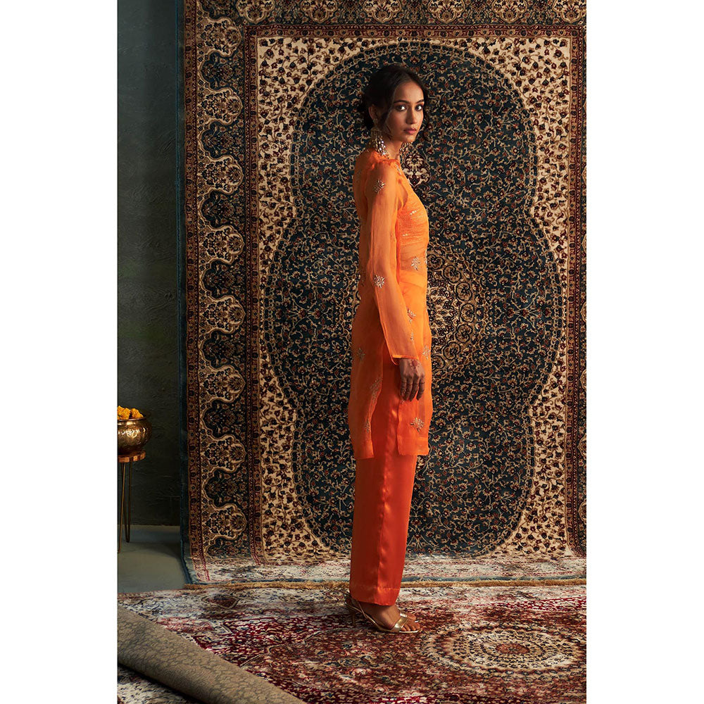 Charkhee Orange Saffron Straight Kurta with Bustier and Pant (Set of 3)