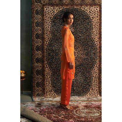 Charkhee Orange Saffron Straight Kurta with Bustier and Pant (Set of 3)