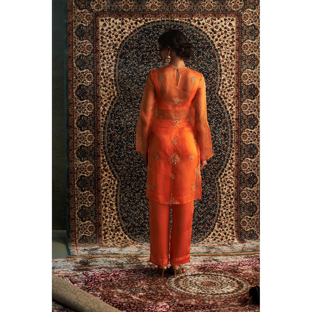 Charkhee Orange Saffron Straight Kurta with Bustier and Pant (Set of 3)