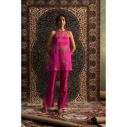 Charkhee Rani Pink Embroidered Aline Kurti with Bustier and Pant (Set of 3)