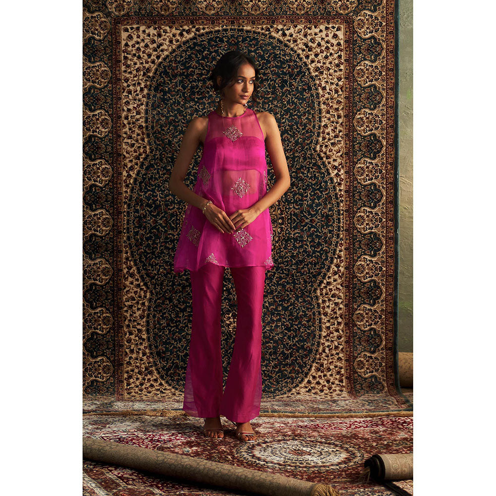 Charkhee Rani Pink Embroidered Aline Kurti with Bustier and Pant (Set of 3)