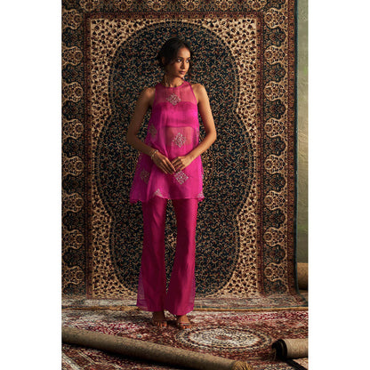 Charkhee Rani Pink Embroidered Aline Kurti with Bustier and Pant (Set of 3)