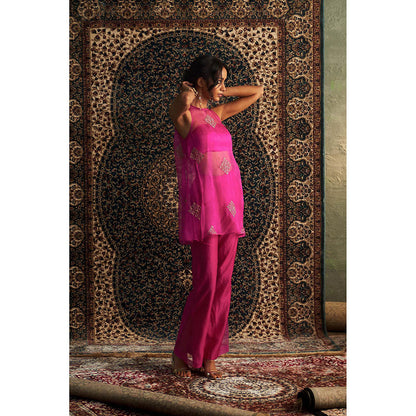 Charkhee Rani Pink Embroidered Aline Kurti with Bustier and Pant (Set of 3)