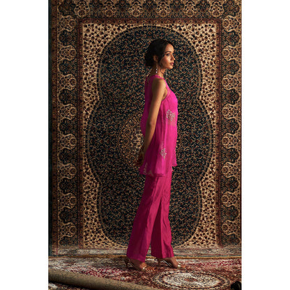 Charkhee Rani Pink Embroidered Aline Kurti with Bustier and Pant (Set of 3)