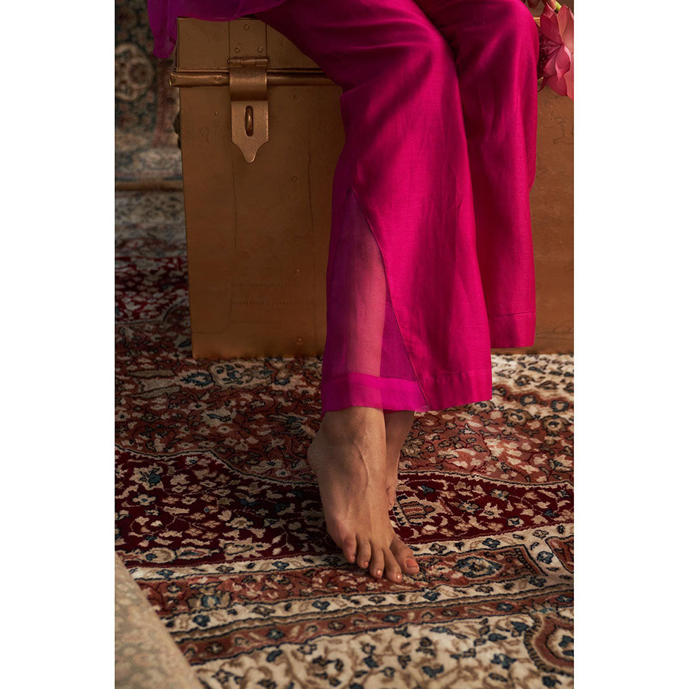 Charkhee Rani Pink Embroidered Aline Kurti with Bustier and Pant (Set of 3)