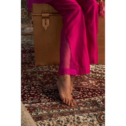 Charkhee Rani Pink Embroidered Aline Kurti with Bustier and Pant (Set of 3)