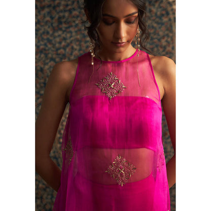 Charkhee Rani Pink Embroidered Aline Kurti with Bustier and Pant (Set of 3)