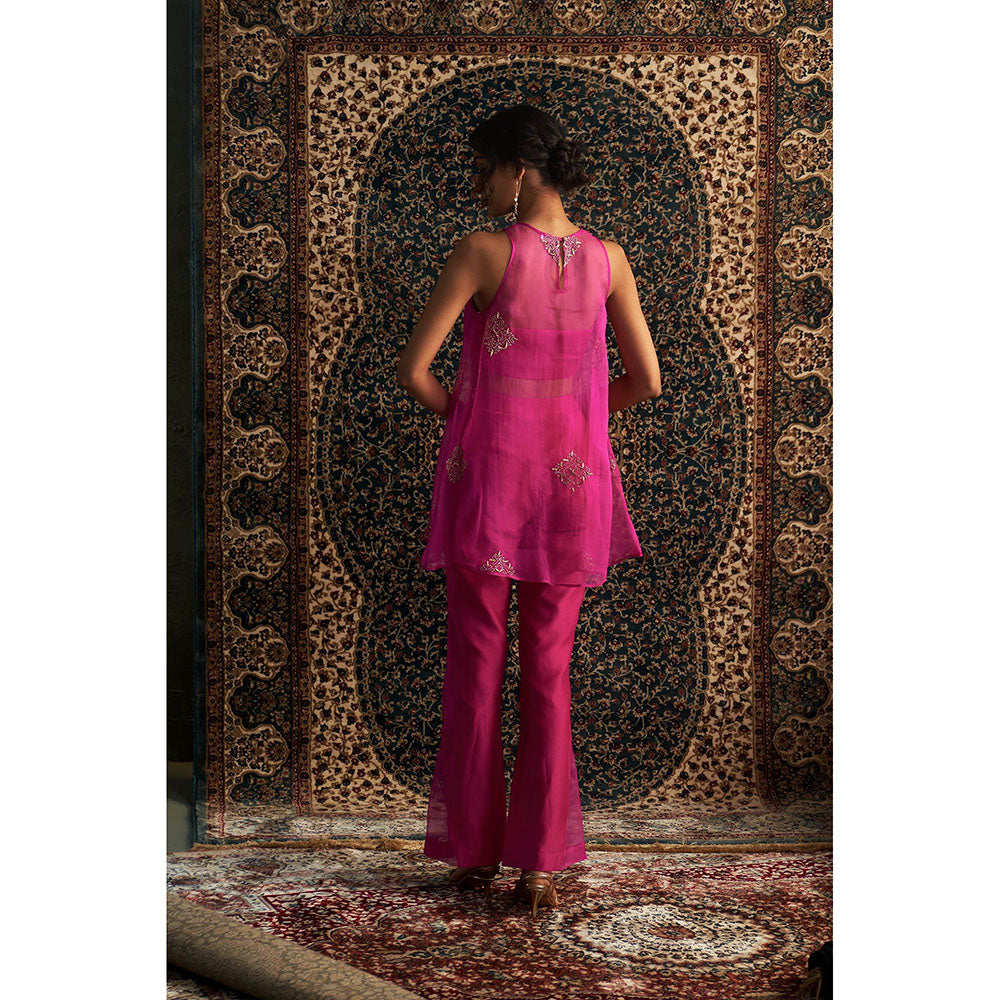 Charkhee Rani Pink Embroidered Aline Kurti with Bustier and Pant (Set of 3)