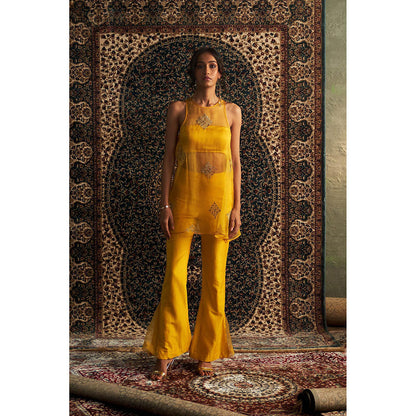 Charkhee Yellow Marigold Embroidered A-Line Kurti with Bustier and Pant (Set of 3)