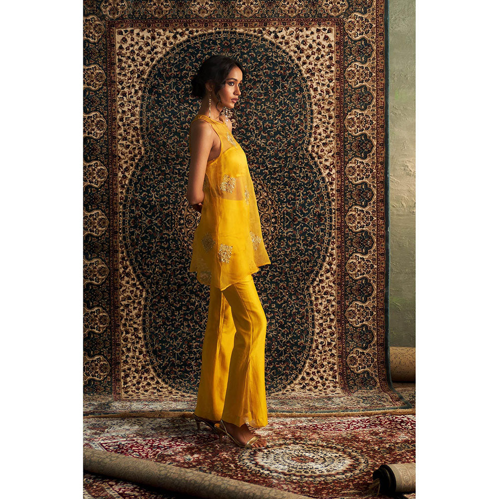 Charkhee Yellow Marigold Embroidered A-Line Kurti with Bustier and Pant (Set of 3)