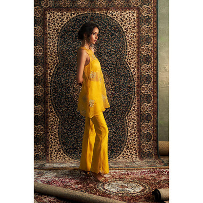 Charkhee Yellow Marigold Embroidered A-Line Kurti with Bustier and Pant (Set of 3)