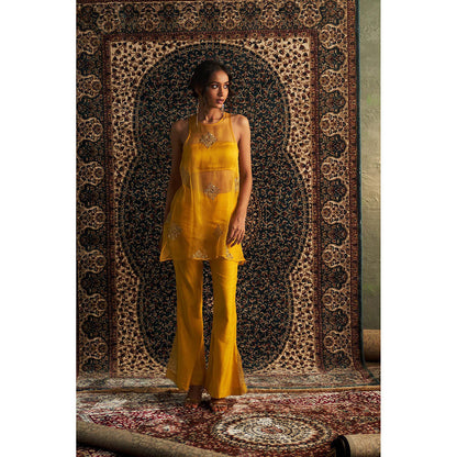 Charkhee Yellow Marigold Embroidered A-Line Kurti with Bustier and Pant (Set of 3)