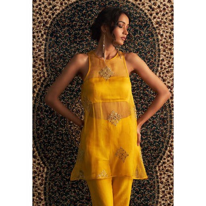 Charkhee Yellow Marigold Embroidered A-Line Kurti with Bustier and Pant (Set of 3)