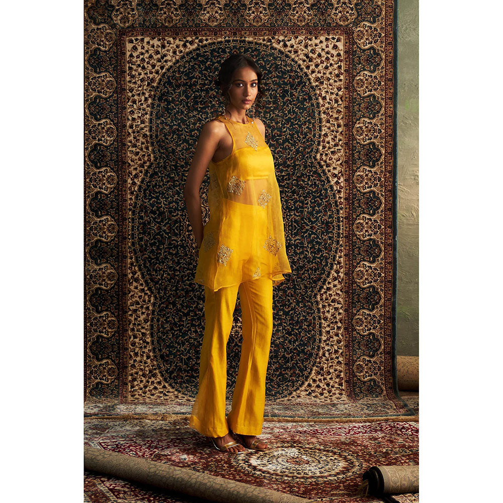 Charkhee Yellow Marigold Embroidered A-Line Kurti with Bustier and Pant (Set of 3)