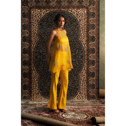 Charkhee Yellow Marigold Embroidered A-Line Kurti with Bustier and Pant (Set of 3)
