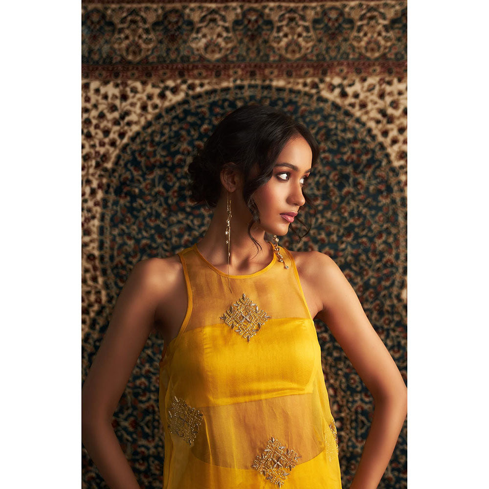 Charkhee Yellow Marigold Embroidered A-Line Kurti with Bustier and Pant (Set of 3)