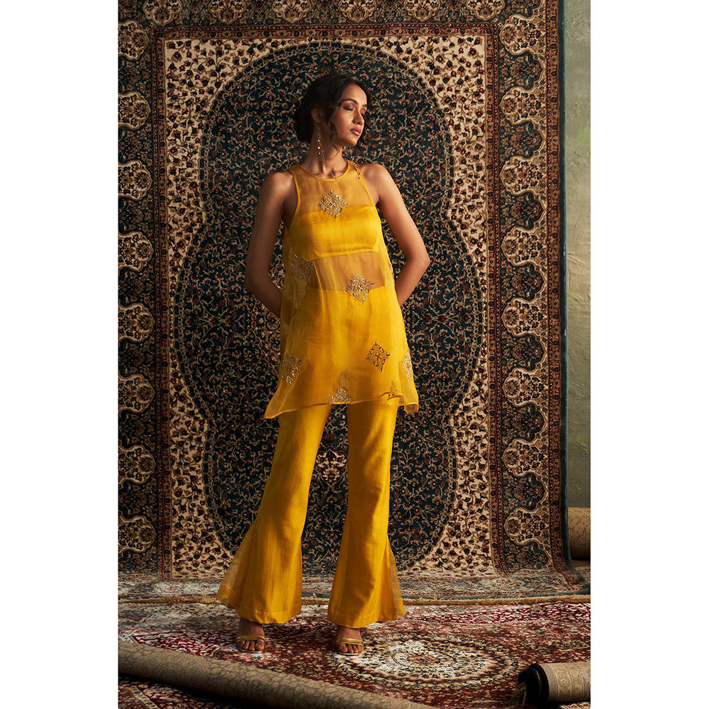 Charkhee Yellow Marigold Embroidered A-Line Kurti with Bustier and Pant (Set of 3)