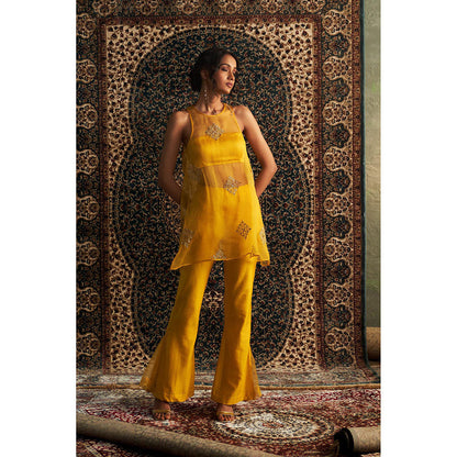 Charkhee Yellow Marigold Embroidered A-Line Kurti with Bustier and Pant (Set of 3)