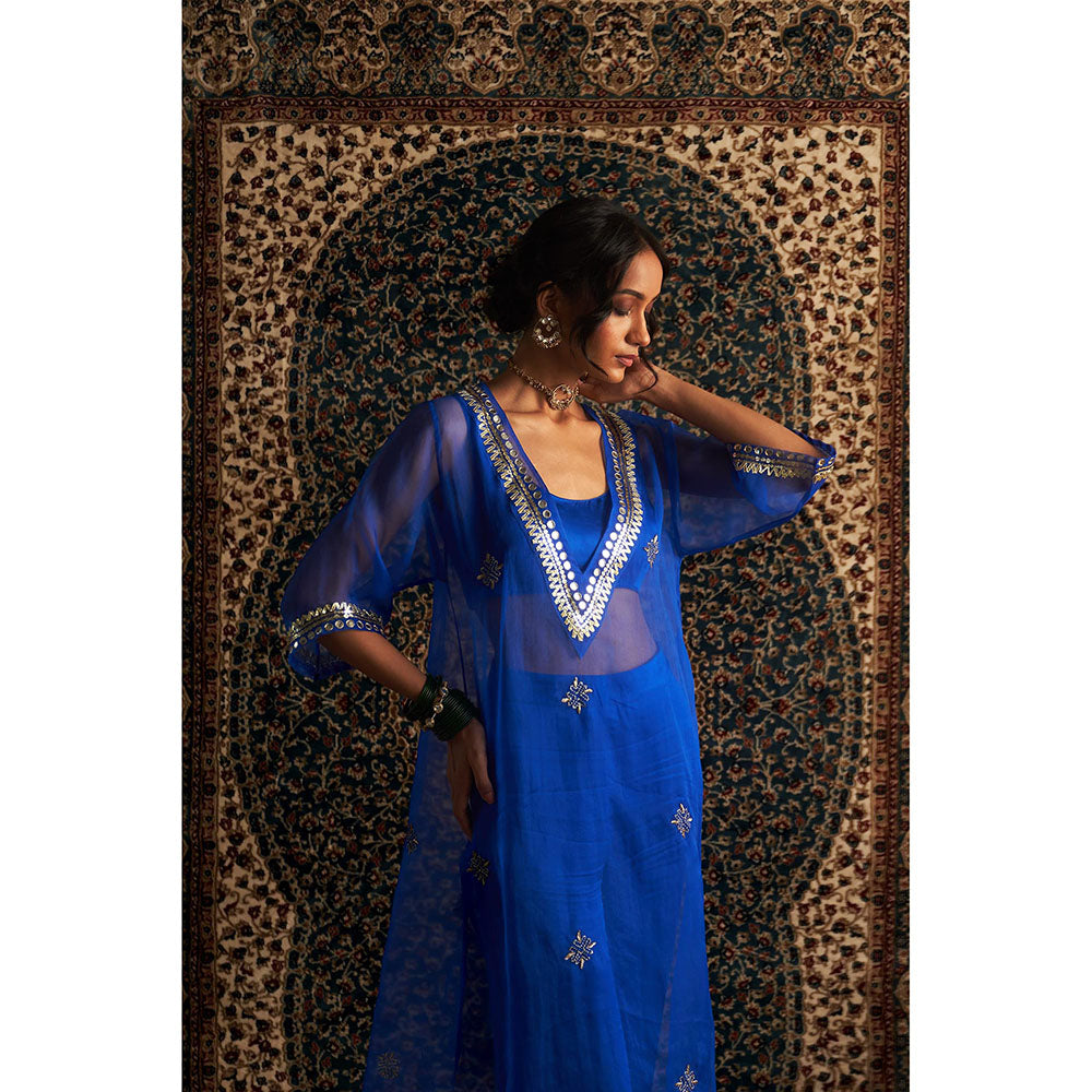 Charkhee Blue Neel Embroidered V Neck Kurta with Bustier and Pant (Set of 3)