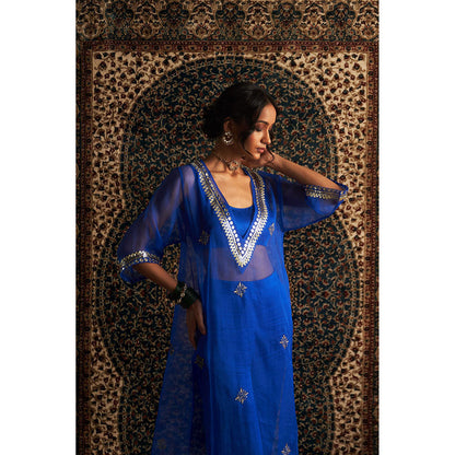 Charkhee Blue Neel Embroidered V Neck Kurta with Bustier and Pant (Set of 3)