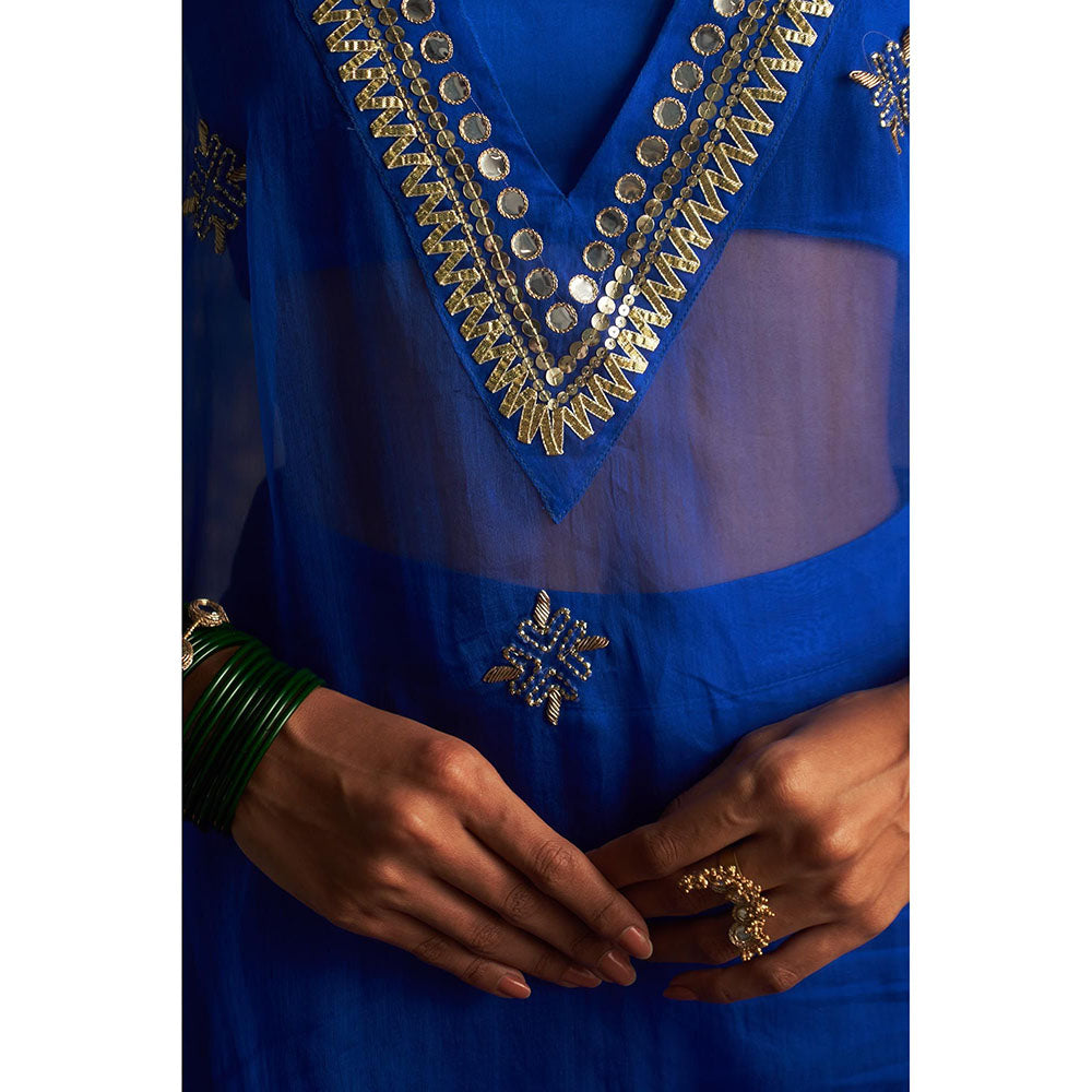 Charkhee Blue Neel Embroidered V Neck Kurta with Bustier and Pant (Set of 3)