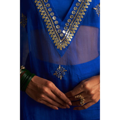 Charkhee Blue Neel Embroidered V Neck Kurta with Bustier and Pant (Set of 3)