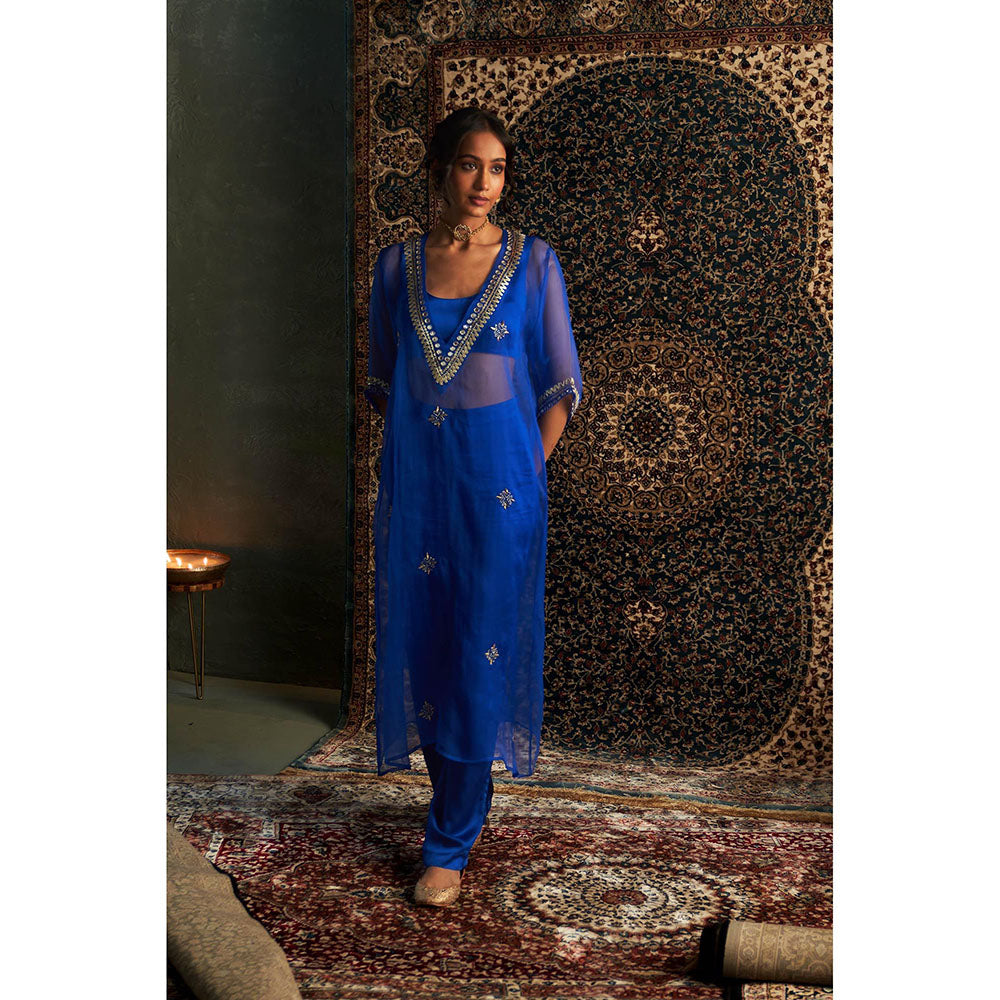 Charkhee Blue Neel Embroidered V Neck Kurta with Bustier and Pant (Set of 3)