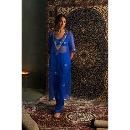 Charkhee Blue Neel Embroidered V Neck Kurta with Bustier and Pant (Set of 3)