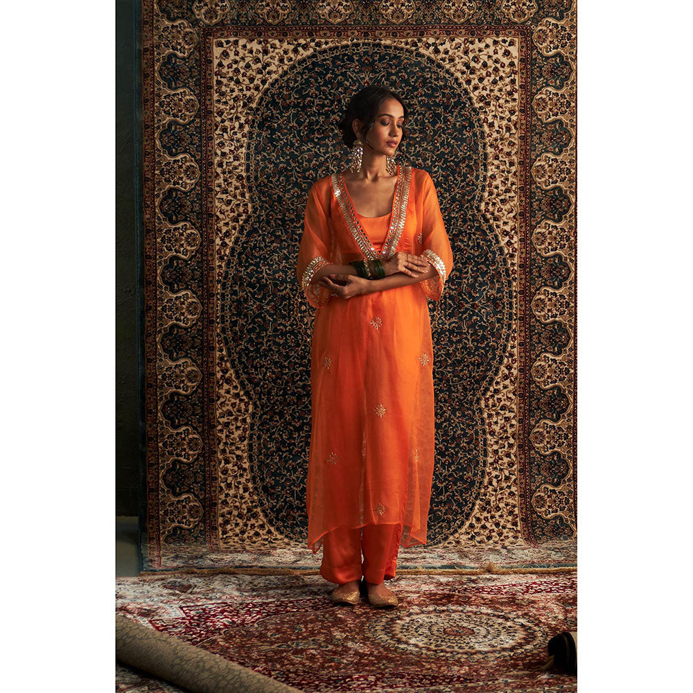 Charkhee Orange Saffron Embroidered V Neck Kurta with Bustier and Pant (Set of 3)