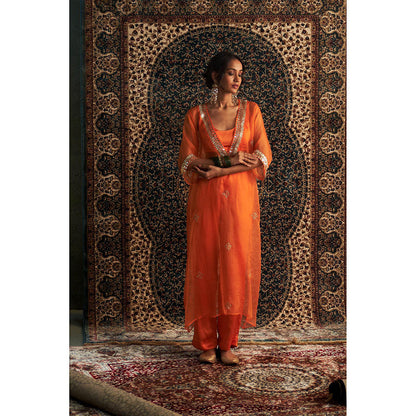 Charkhee Orange Saffron Embroidered V Neck Kurta with Bustier and Pant (Set of 3)