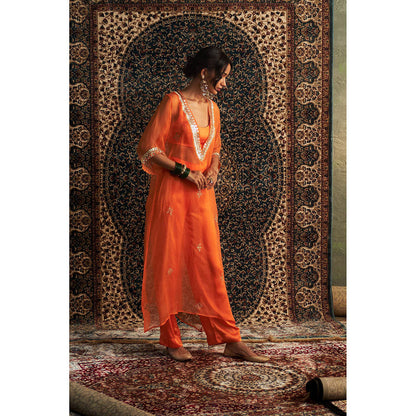 Charkhee Orange Saffron Embroidered V Neck Kurta with Bustier and Pant (Set of 3)