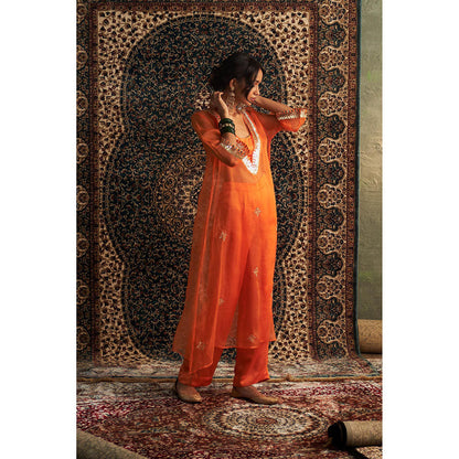 Charkhee Orange Saffron Embroidered V Neck Kurta with Bustier and Pant (Set of 3)