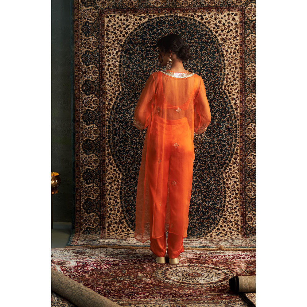 Charkhee Orange Saffron Embroidered V Neck Kurta with Bustier and Pant (Set of 3)