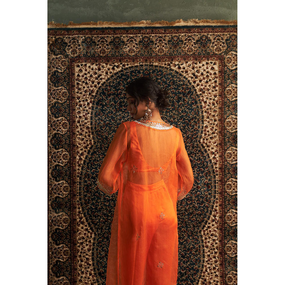 Charkhee Orange Saffron Embroidered V Neck Kurta with Bustier and Pant (Set of 3)