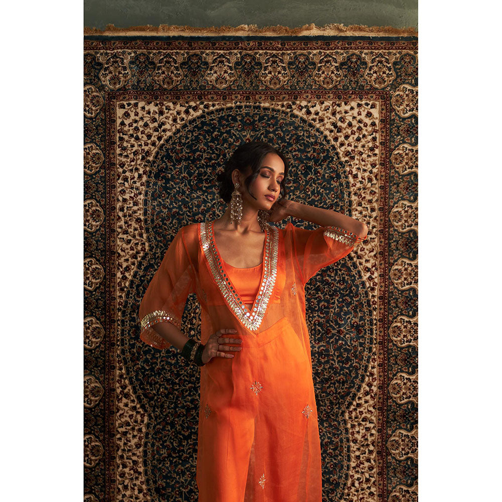 Charkhee Orange Saffron Embroidered V Neck Kurta with Bustier and Pant (Set of 3)